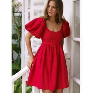 NWT Elly Made by Hand Red Linen Puff Sleeve Babydoll Dress Bali Handmade